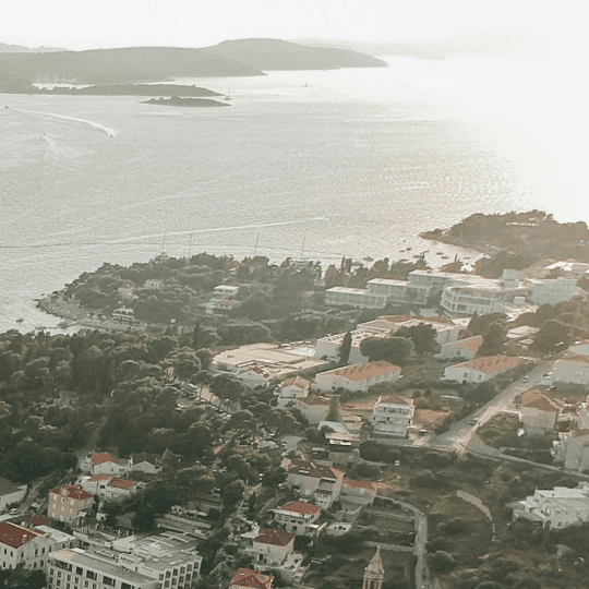 Aerial view of a coastal town among pine trees at sunset